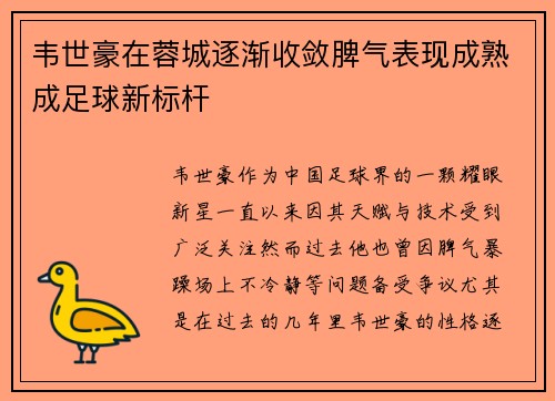 韦世豪在蓉城逐渐收敛脾气表现成熟成足球新标杆